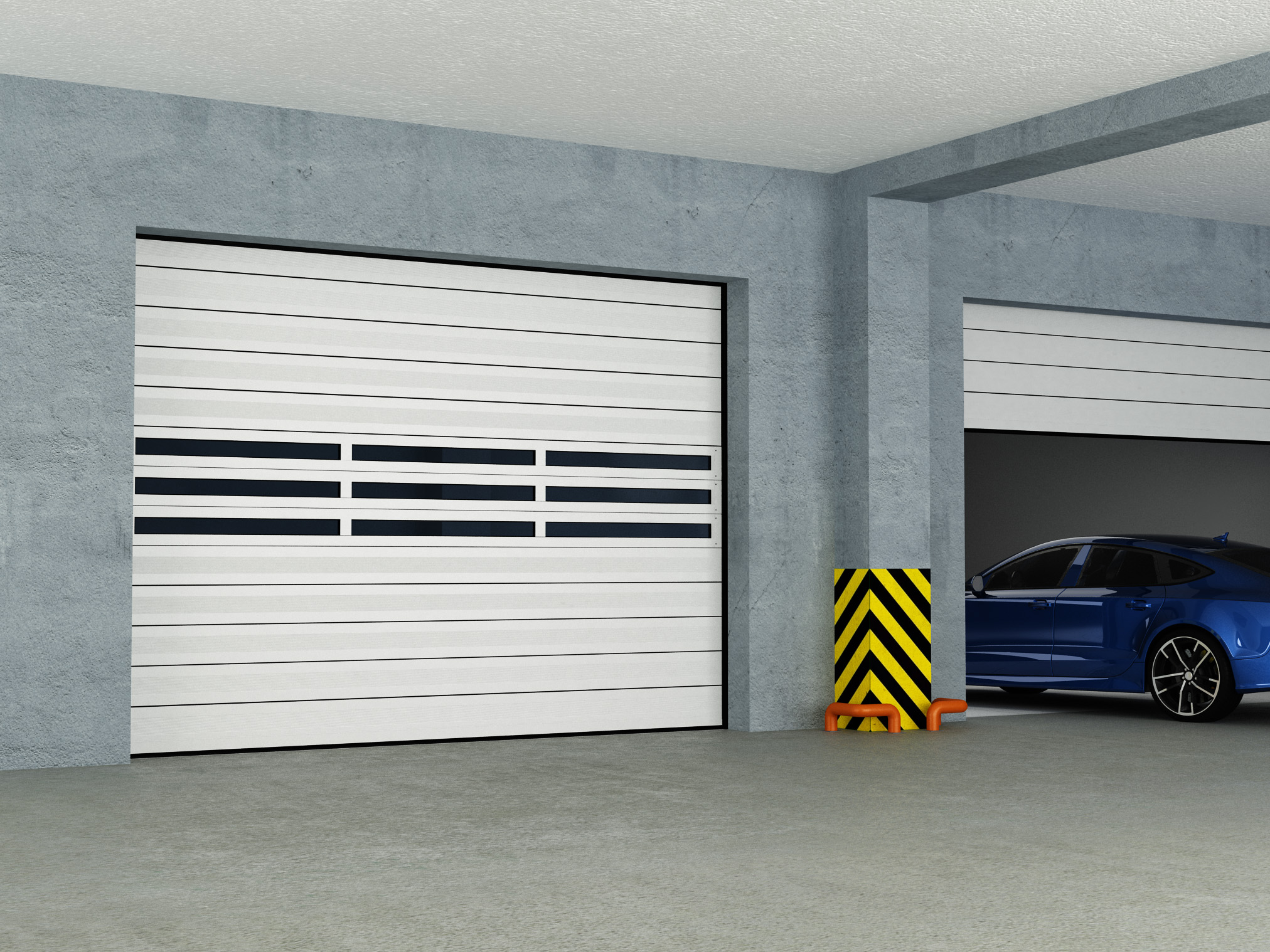 Tezkor sektsion eshiklar alyuminiy sandwich-panellaridan, torsion mexanizmi bilan ISD01-PARKING