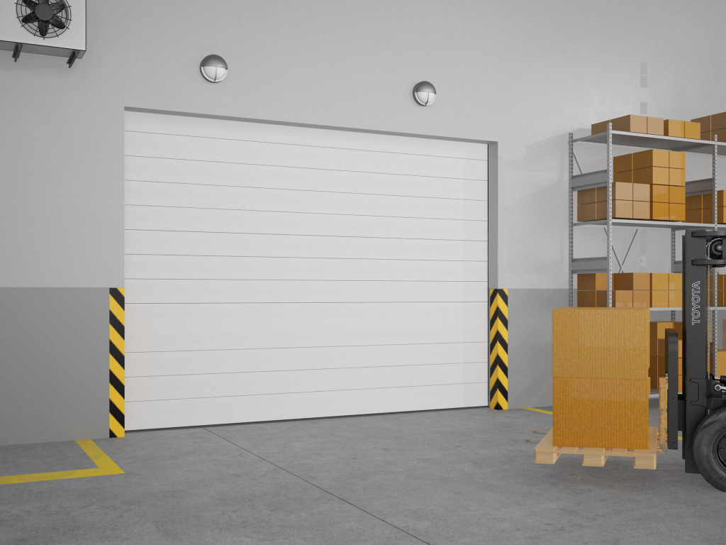 Po‘lat sendvich-panellardan tayyorlangan, torstionli mexanizmga ega sanoat sektsiyali eshiklar ISD01