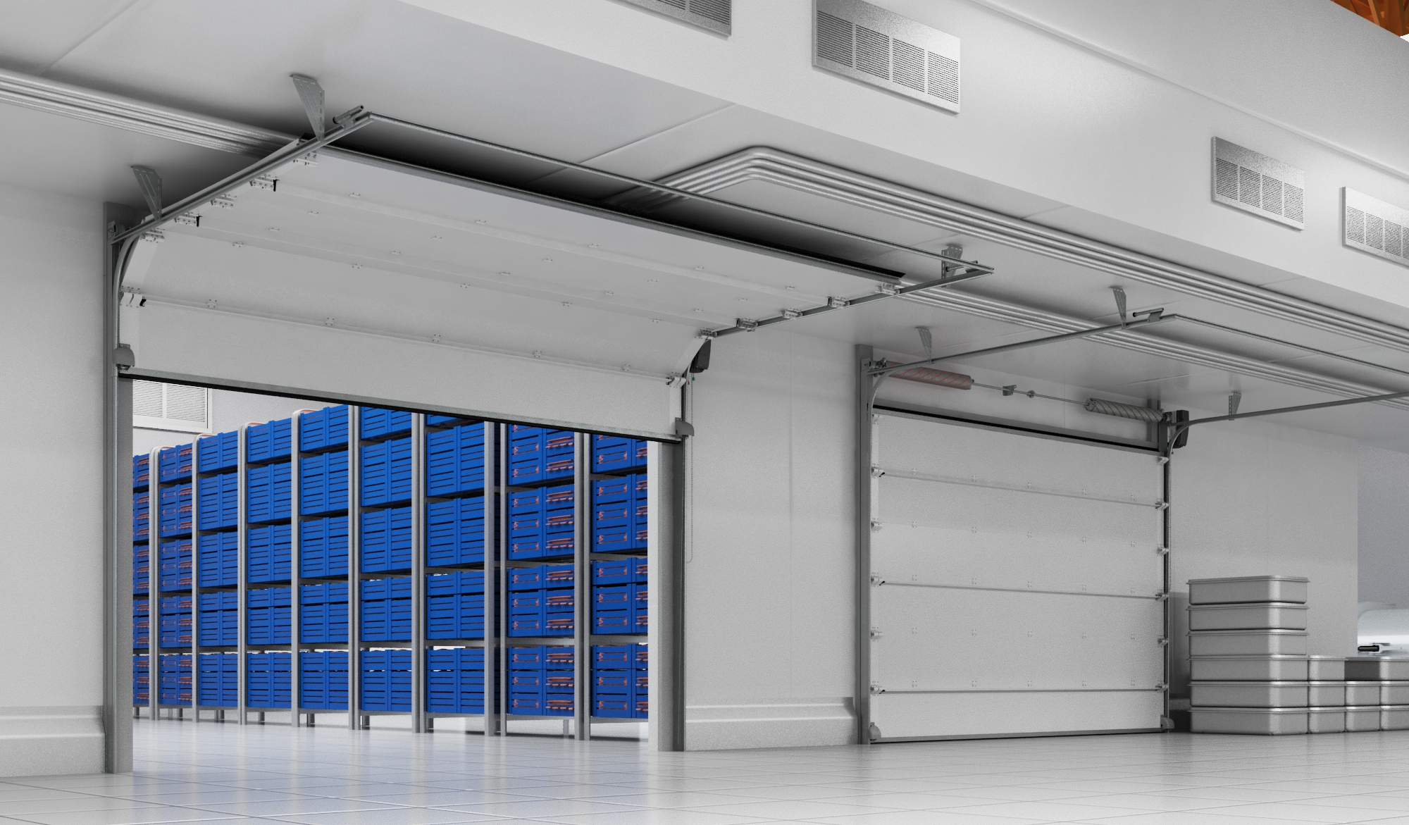 Sanoat sektsiyali eshiklar, torsion mexanizmi ISD THERMALPRO bilan po'latdan yasalgan sandvich-panellardan